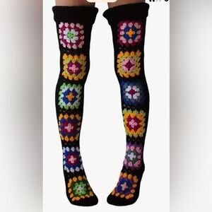 NWT Crochet Granny Square Over-the-Knee Socks•Black Multicolor•Boho Cottagecore